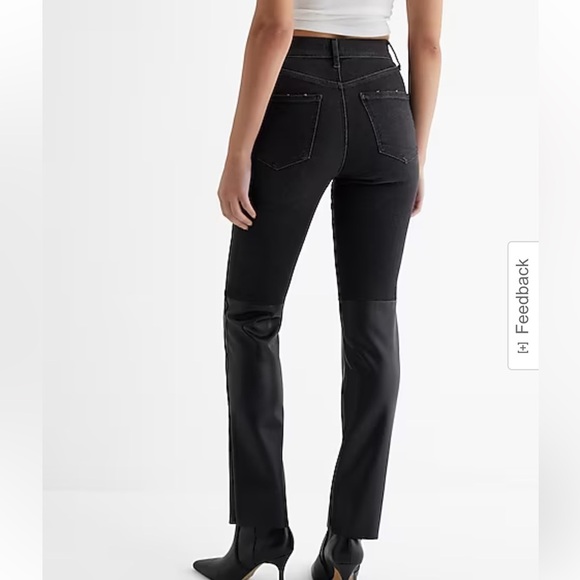 EXPRESS | Super High Waisted Faux Leather Paneled '90s Slim Jeans - Picture 3 of 9